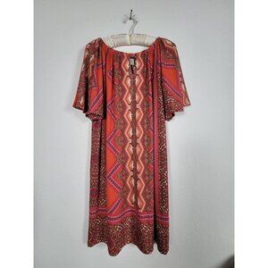 Chico's Women's Geometric Floral Shift Dress Flounce Sleeve Size 2 Orange Boho